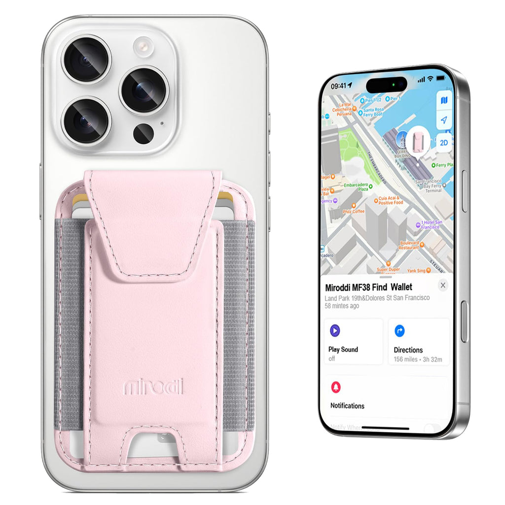 Miroddi for MagSafe Wallet Works with Apple Find My Magnetic Phone Wallet Tracker for iPhone 16/15/14/13/12 Series Magnetic Card Holder with Privacy Flap RFID Blocking Fit 7 Cards Pink